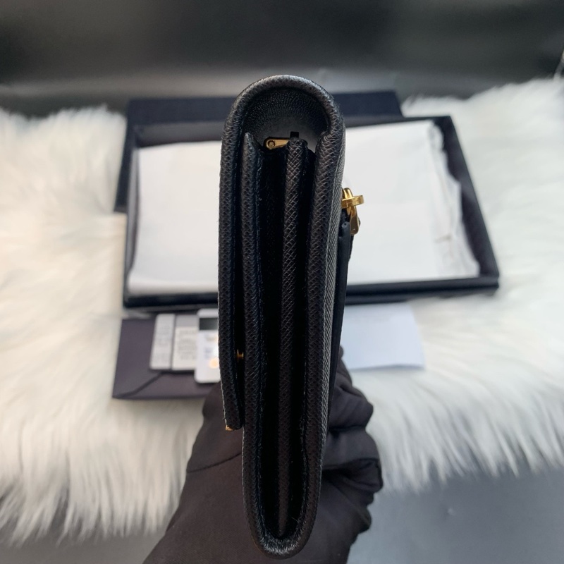 99新 PRADA普拉達黑色金扣十字紋牛皮長款錢包 尺寸：21*3*12cm 附件身份卡-3