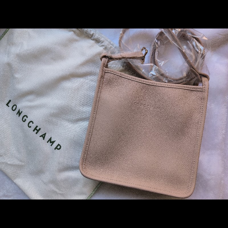 LONGCHAMP LE FOULONNÉ 牛皮斜背小方包 吐司包 小號 裸粉色-0