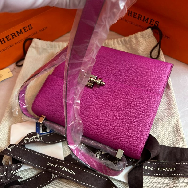 閒置新 Hermes愛馬仕 Verrou23 插銷包/手槍包 玉蘭粉 銀扣 Epsom皮-4