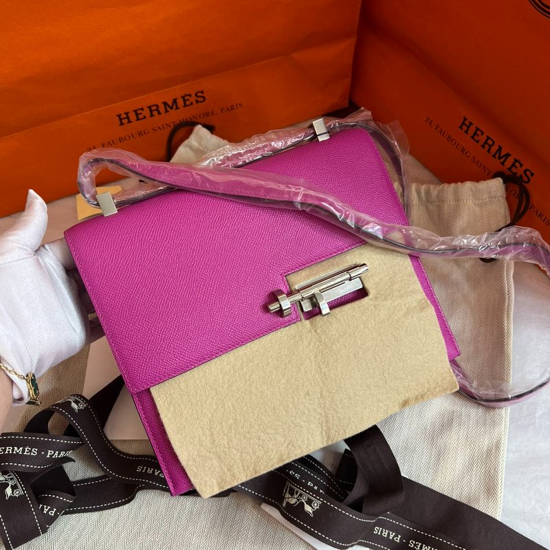 閒置新 Hermes愛馬仕 Verrou23 插銷包/手槍包 玉蘭粉 銀扣 Epsom皮-5