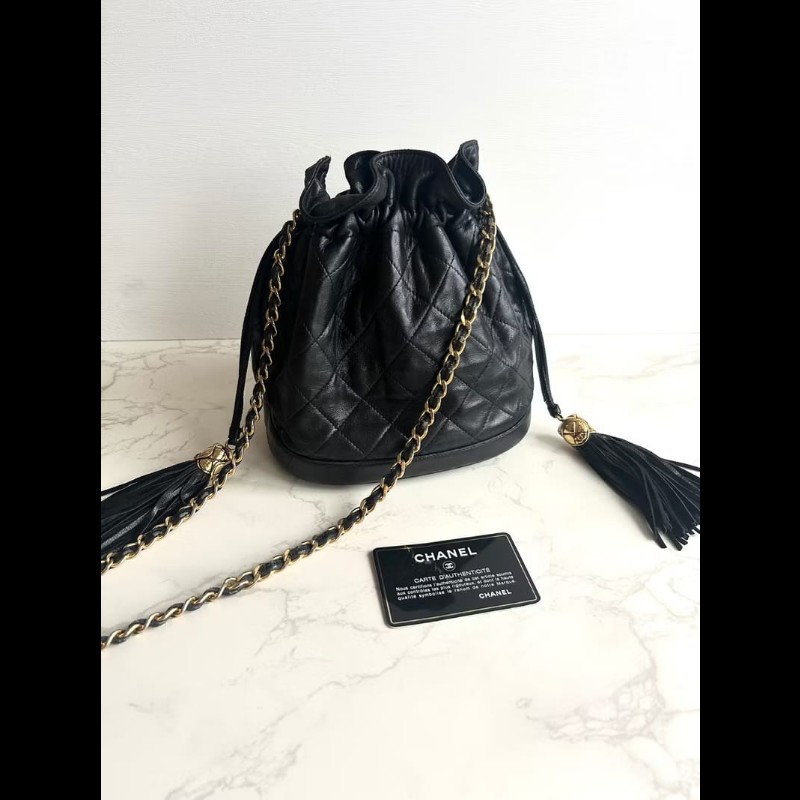 【LA LUNE】絕版中古包 Chanel黑金流蘇水桶包 側背包 單肩包 斜孭包 二手肩背包-0