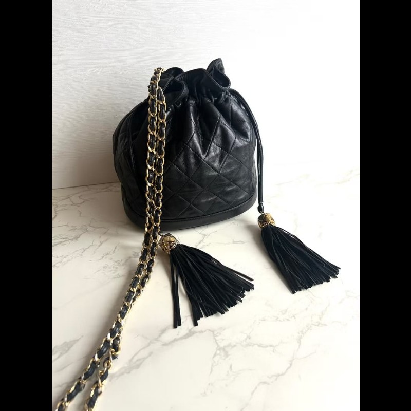 【LA LUNE】絕版中古包 Chanel黑金流蘇水桶包 側背包 單肩包 斜孭包 二手肩背包-1