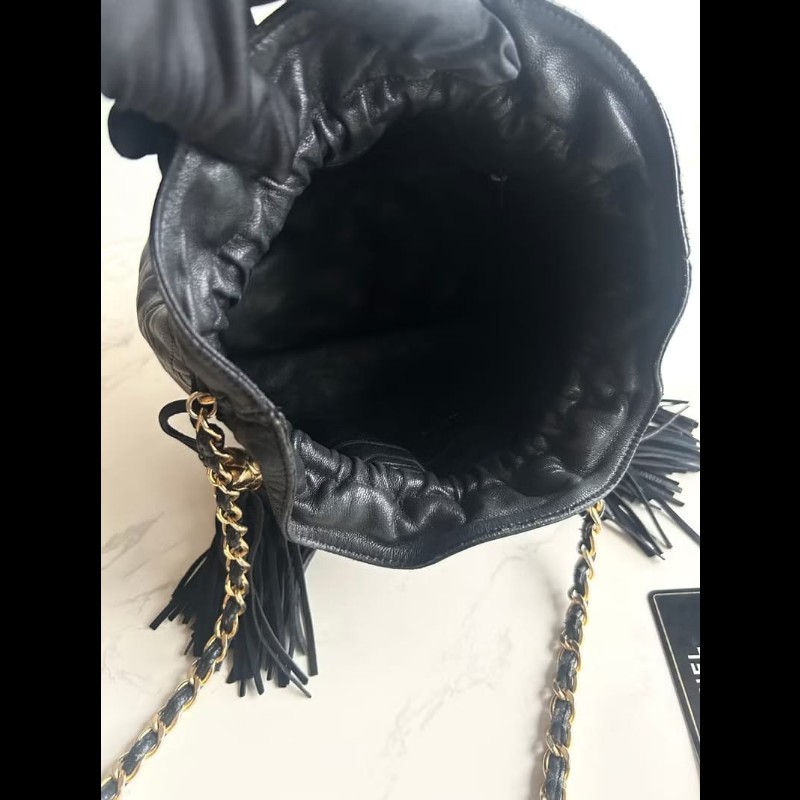 【LA LUNE】絕版中古包 Chanel黑金流蘇水桶包 側背包 單肩包 斜孭包 二手肩背包-3