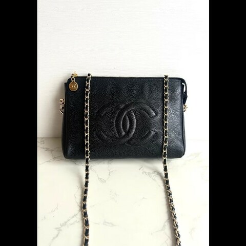 【LA LUNE】中古包Chanel黑色魚子醬皮革斜背包 單肩包 側背包 二手包 古董包