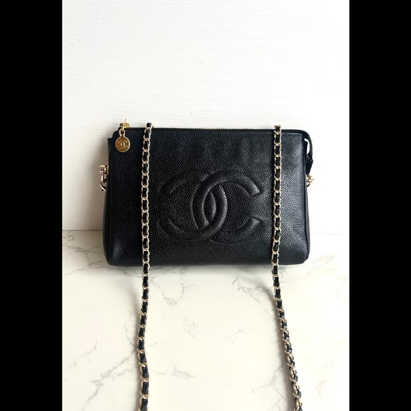 【LA LUNE】中古包Chanel黑色魚子醬皮革斜背包 單肩包 側背包 二手包 古董包-0