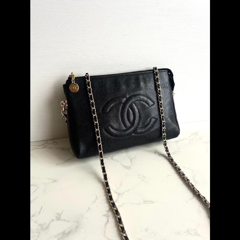 【LA LUNE】中古包Chanel黑色魚子醬皮革斜背包 單肩包 側背包 二手包 古董包-1