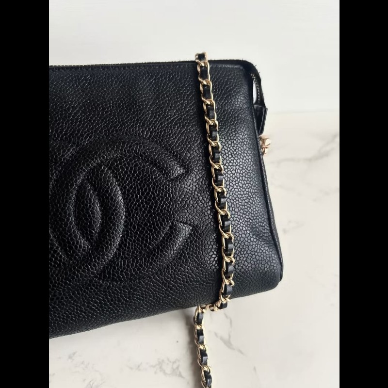 【LA LUNE】中古包Chanel黑色魚子醬皮革斜背包 單肩包 側背包 二手包 古董包-2