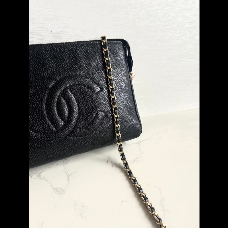 【LA LUNE】中古包Chanel黑色魚子醬皮革斜背包 單肩包 側背包 二手包 古董包-3