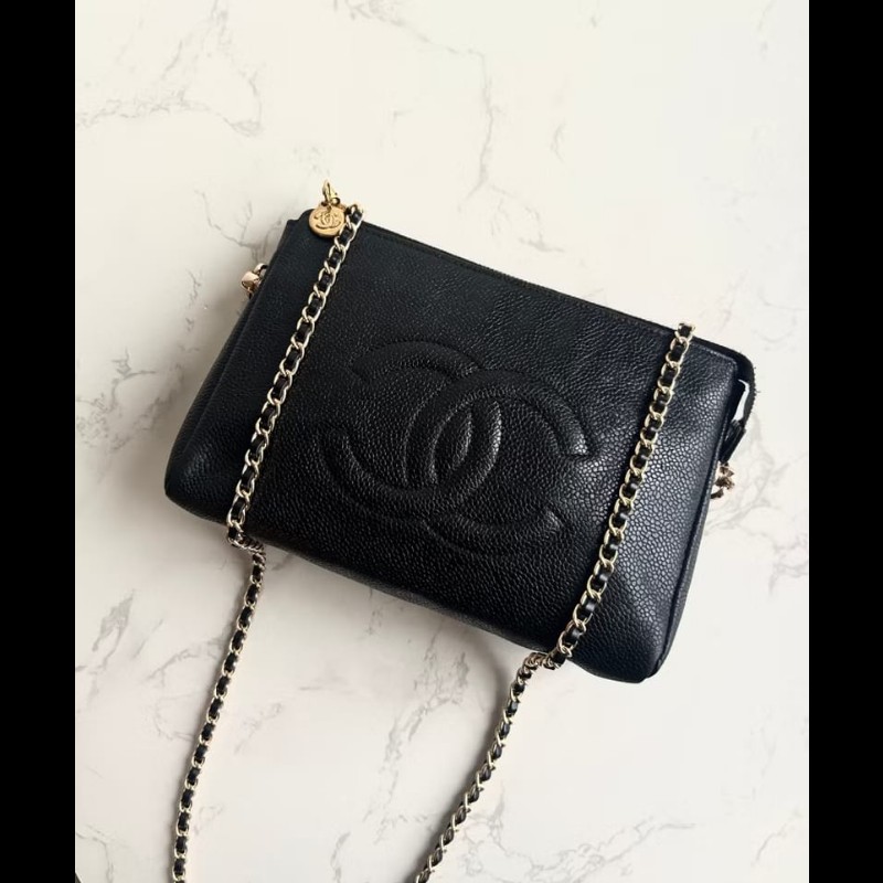 【LA LUNE】中古包Chanel黑色魚子醬皮革斜背包 單肩包 側背包 二手包 古董包-4