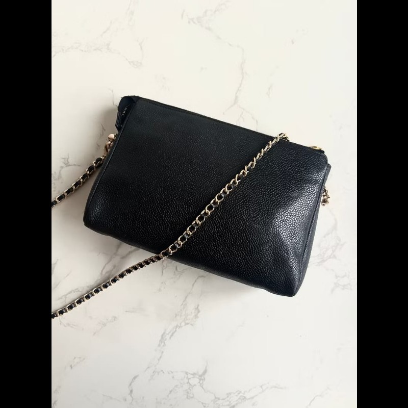 【LA LUNE】中古包Chanel黑色魚子醬皮革斜背包 單肩包 側背包 二手包 古董包-7