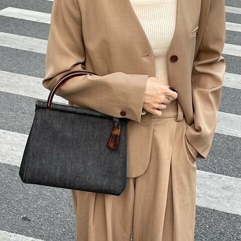 Chanel 玳瑁手提 牛仔黑 時髦復古風 25*22*7 98新配件塵袋