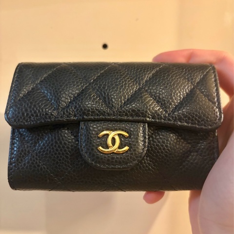CHANEL 經典款 雙C 單層卡包/名片夾 (黑色 x 荔枝紋牛皮 x 金釦)