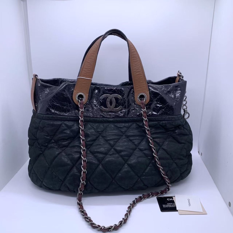 H260425）gz）二手CHANEL香奈兒2way拼皮拼色tote購物袋南瓜包，正常使用痕跡，邊角有磨損油邊有裂紋-2