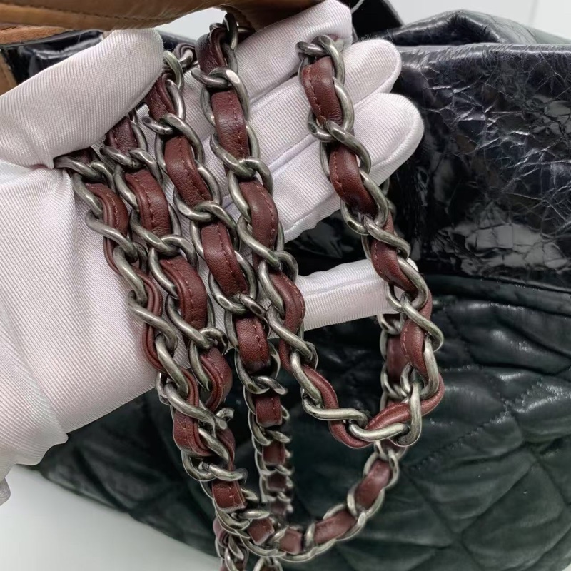 H260425）gz）二手CHANEL香奈兒2way拼皮拼色tote購物袋南瓜包，正常使用痕跡，邊角有磨損油邊有裂紋-5