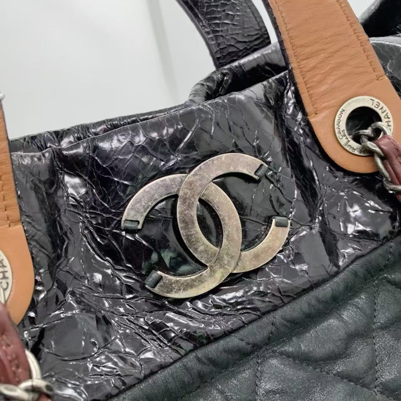 H260425）gz）二手CHANEL香奈兒2way拼皮拼色tote購物袋南瓜包，正常使用痕跡，邊角有磨損油邊有裂紋-6