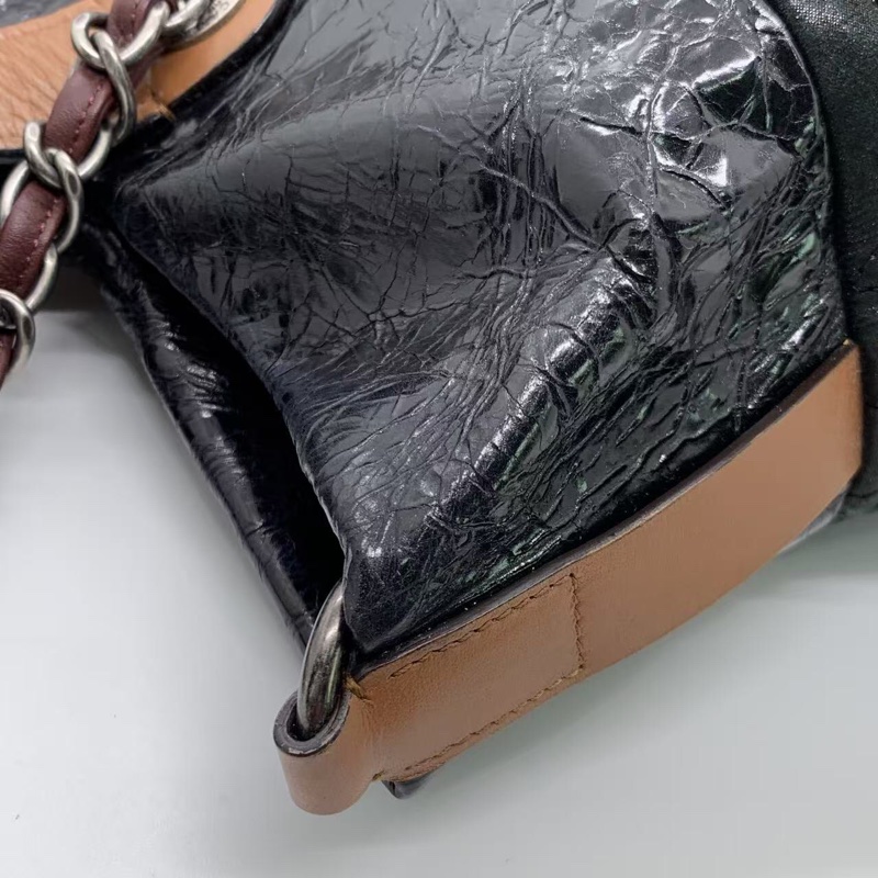 H260425）gz）二手CHANEL香奈兒2way拼皮拼色tote購物袋南瓜包，正常使用痕跡，邊角有磨損油邊有裂紋-15