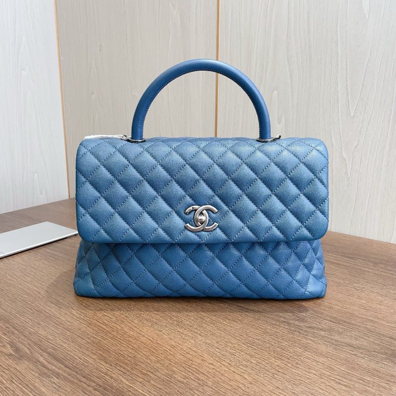 近新品 香奈兒/Chanel 藍銀荔枝牛皮Cocohandle大號手提斜背包-6