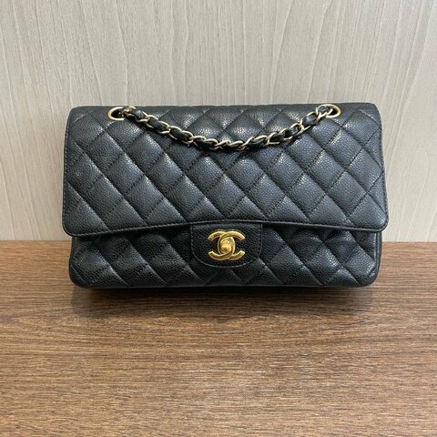 香奈兒/Chanel CF中號 黑金荔枝皮 鏈條包