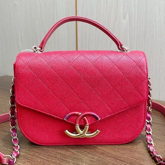 香奈兒/Chanel Coco Curve古巴紅金荔枝牛皮手提斜背郵差包-6