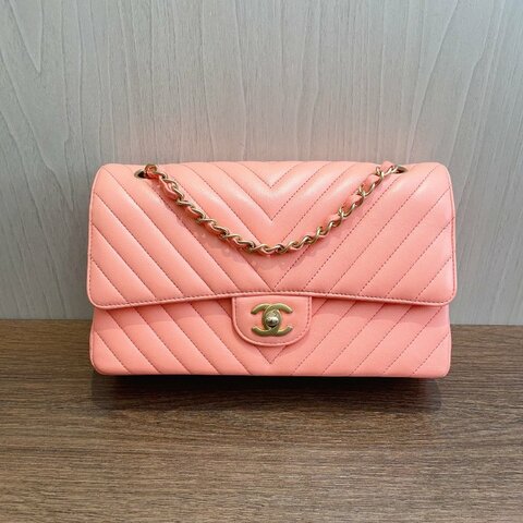 近新品 香奈兒/Chanel 經典CF V紋金扣珊瑚粉色牛皮 鏈條包