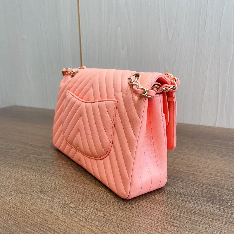 近新品 香奈兒/Chanel 經典CF V紋金扣珊瑚粉色牛皮 鏈條包-2