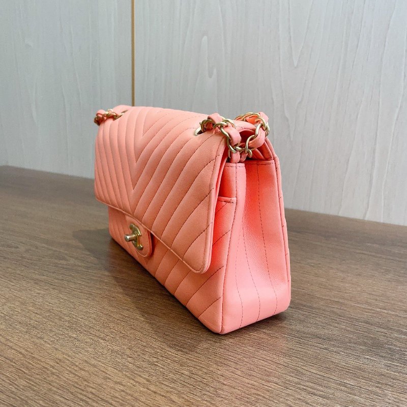 近新品 香奈兒/Chanel 經典CF V紋金扣珊瑚粉色牛皮 鏈條包-3