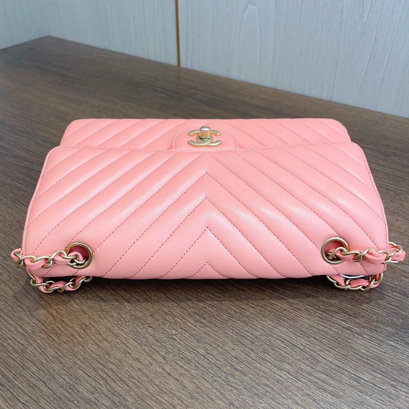 近新品 香奈兒/Chanel 經典CF V紋金扣珊瑚粉色牛皮 鏈條包-4