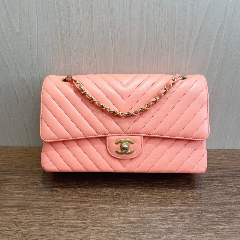 近新品 香奈兒/Chanel 經典CF V紋金扣珊瑚粉色牛皮 鏈條包-6