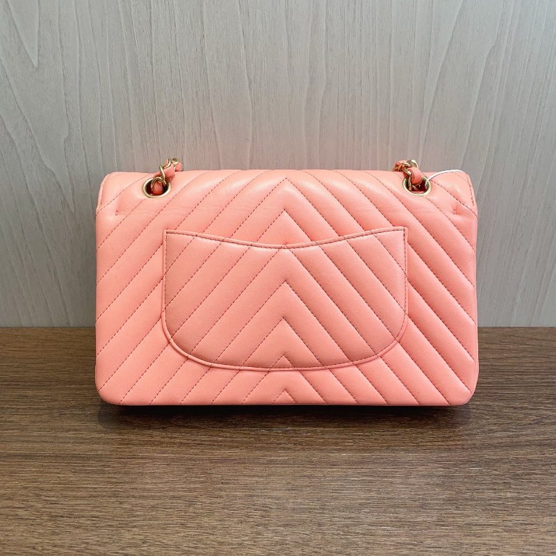 近新品 香奈兒/Chanel 經典CF V紋金扣珊瑚粉色牛皮 鏈條包-7