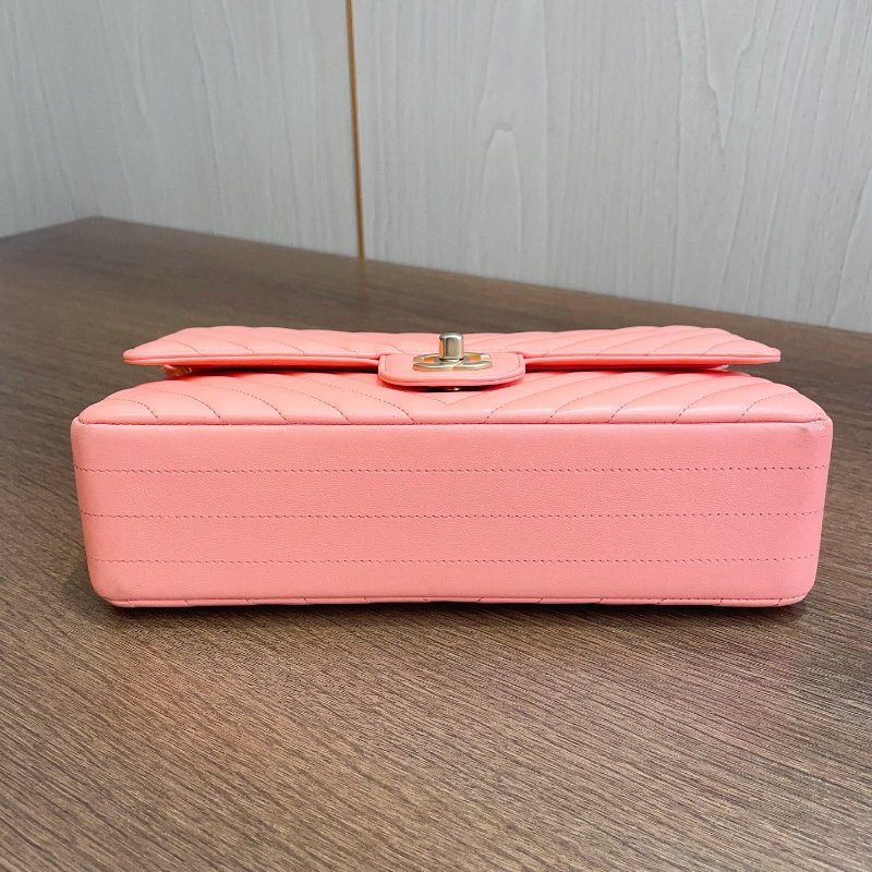 近新品 香奈兒/Chanel 經典CF V紋金扣珊瑚粉色牛皮 鏈條包-8