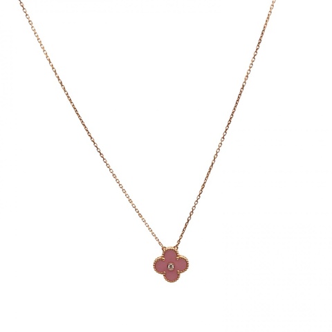 VAN CLEEF&ARPELS VintageAlhambra中號單花項鏈15年聖誕18K玫瑰金/鑽石/粉陶瓷