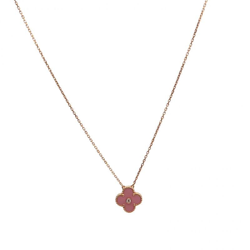 VAN CLEEF&ARPELS VintageAlhambra中號單花項鏈15年聖誕18K玫瑰金/鑽石/粉陶瓷-0