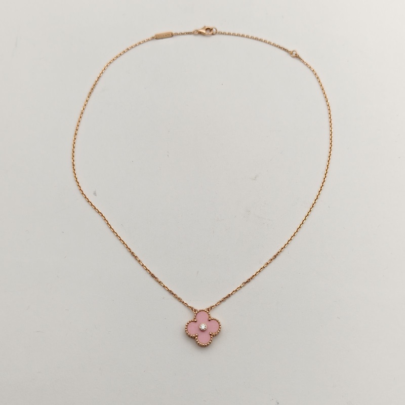 VAN CLEEF&ARPELS VintageAlhambra中號單花項鏈15年聖誕18K玫瑰金/鑽石/粉陶瓷-4