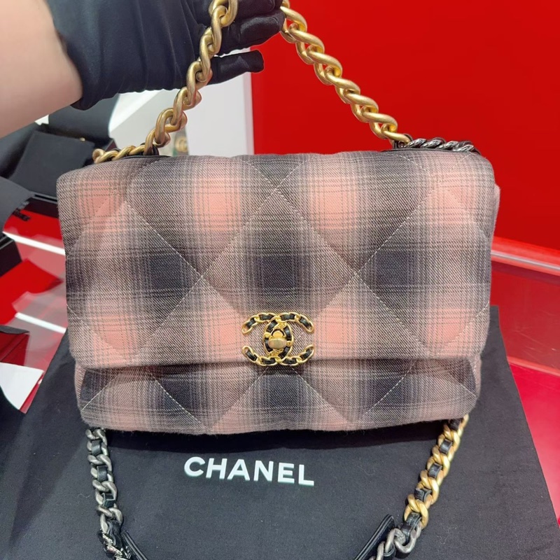 99.9新 Chanel香奈兒 19bag蜜桃粉格紋   中號30cm  配塵袋 S印-0