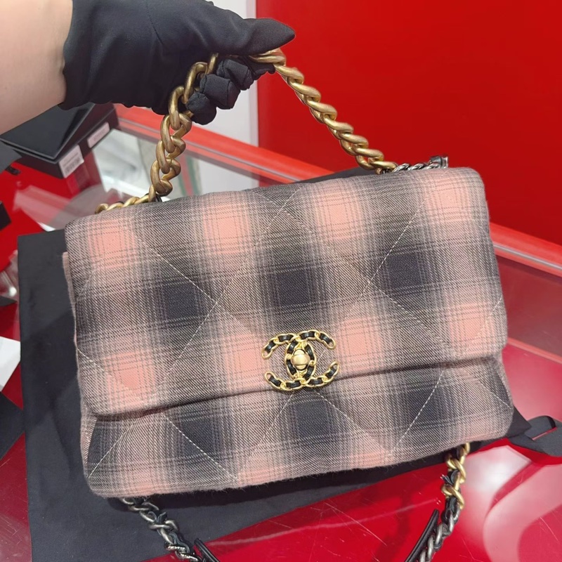 99.9新 Chanel香奈兒 19bag蜜桃粉格紋   中號30cm  配塵袋 S印-1