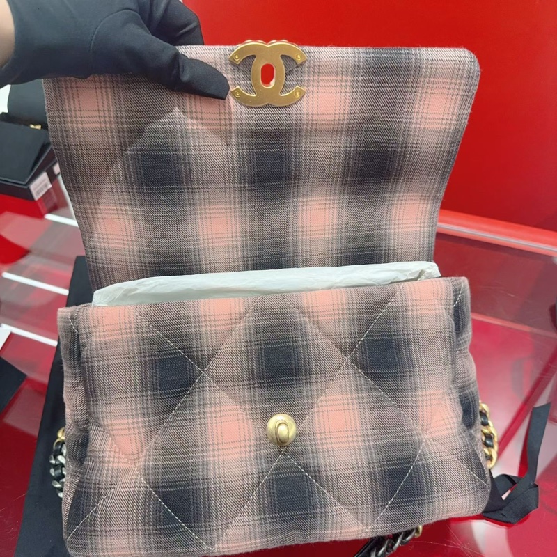 99.9新 Chanel香奈兒 19bag蜜桃粉格紋   中號30cm  配塵袋 S印-2