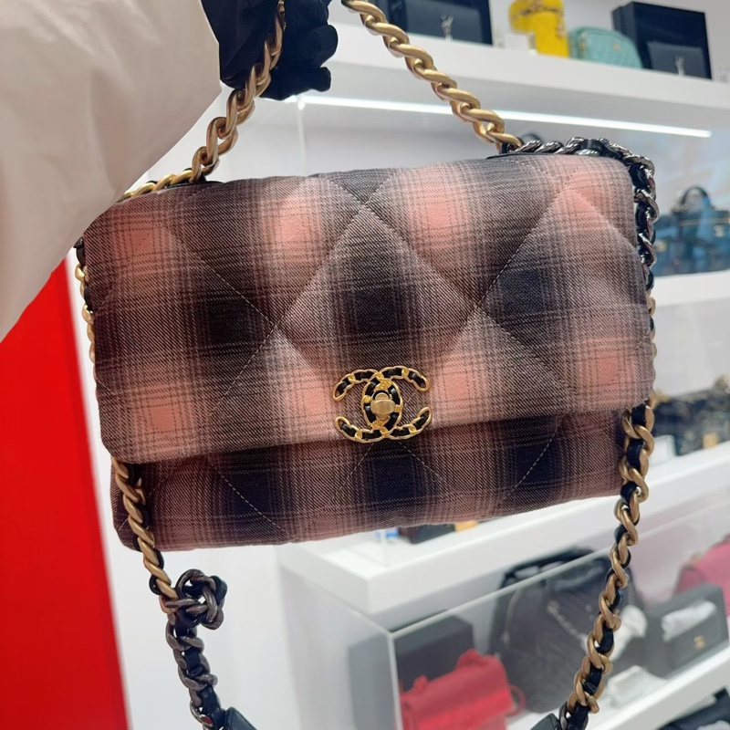 99.9新 Chanel香奈兒 19bag蜜桃粉格紋   中號30cm  配塵袋 S印-3