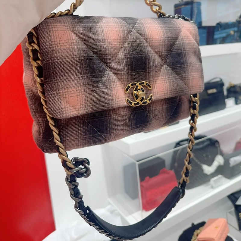99.9新 Chanel香奈兒 19bag蜜桃粉格紋   中號30cm  配塵袋 S印-4