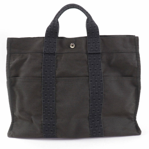 愛馬仕 Herline MM 帆布手提包，配銀色五金、鑰匙和掛鎖、Sellier 搭扣，灰色，法國製造，女士款。