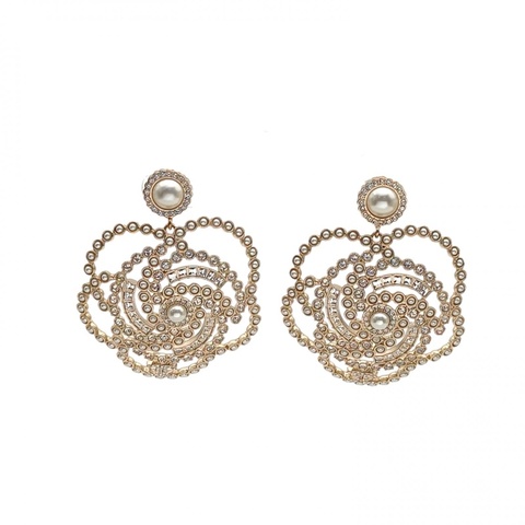 CHANEL 合金19B水鑽大山茶花花卉耳夾