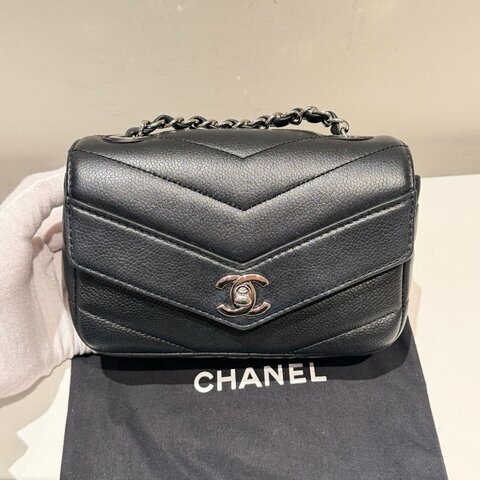 香奈兒/Chanel V紋CF大mini 黑銀配色荔枝小牛皮