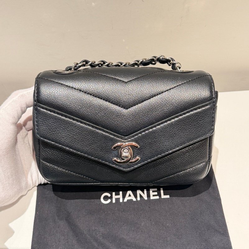 香奈兒/Chanel V紋CF大mini 黑銀配色荔枝小牛皮-5