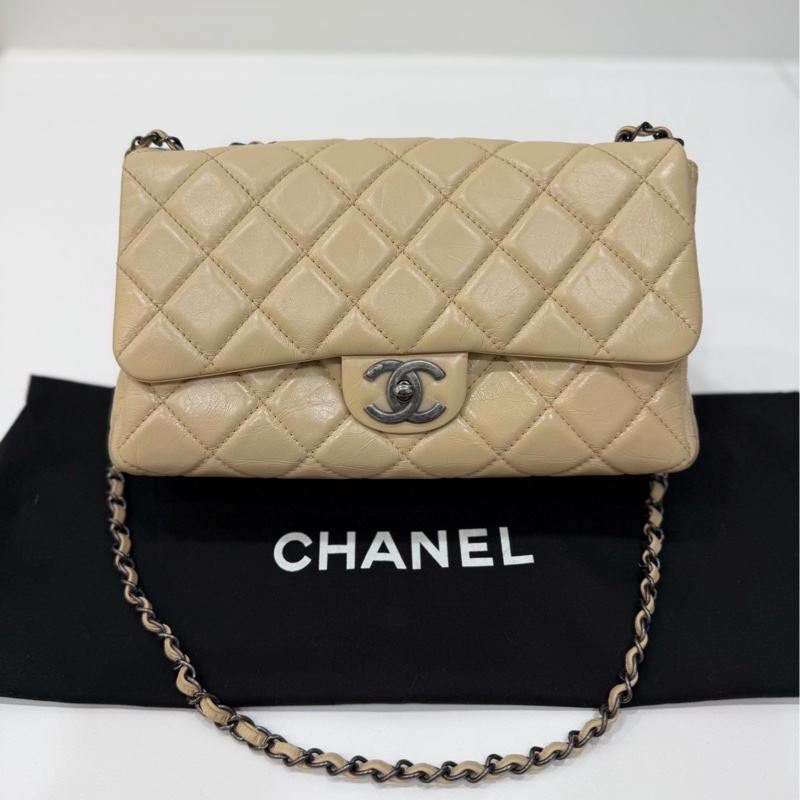 CHANEL 香奈兒 GO GO CF 油蠟牛皮 奶茶色 斜背包 肩背包 側背包 鍊條包 手提包-0