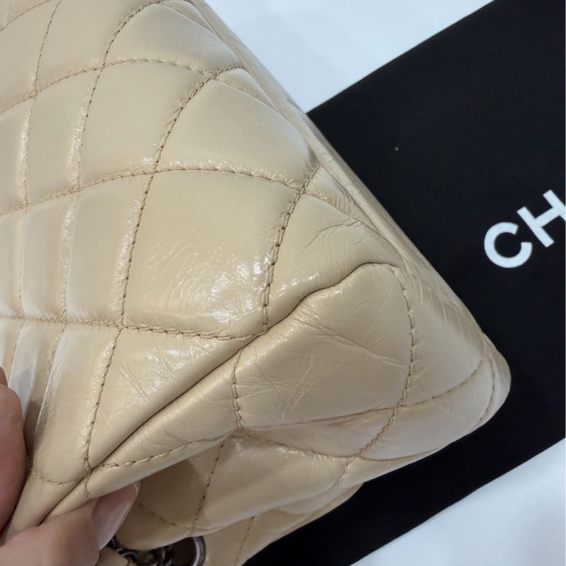 CHANEL 香奈兒 GO GO CF 油蠟牛皮 奶茶色 斜背包 肩背包 側背包 鍊條包 手提包-20
