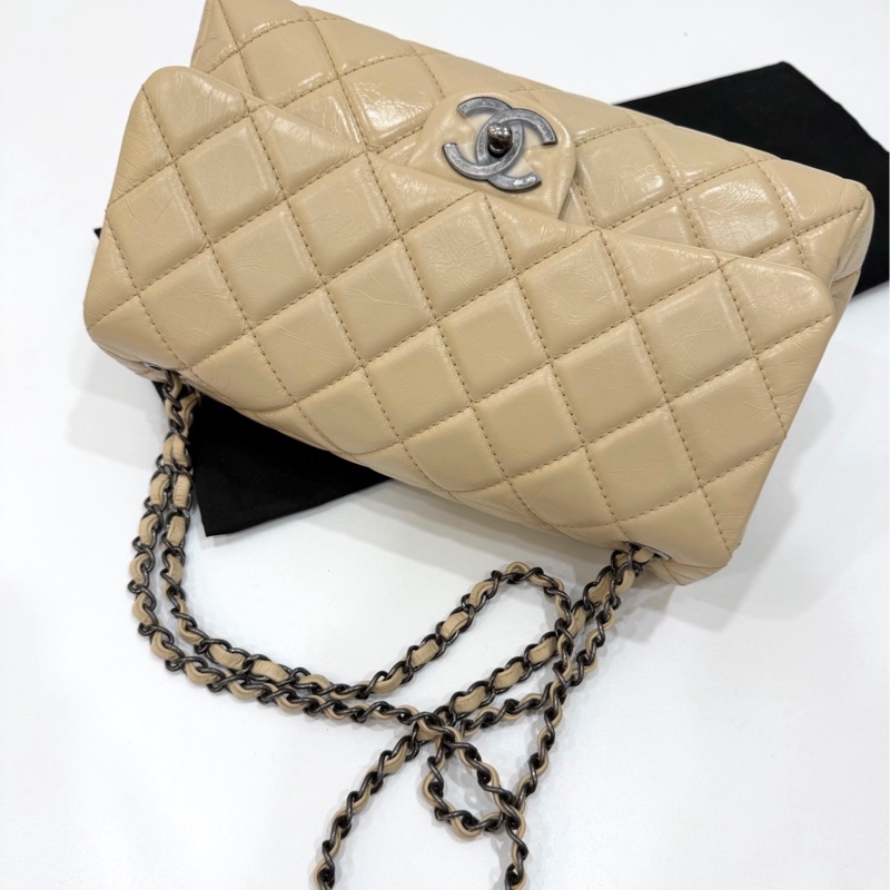CHANEL 香奈兒 GO GO CF 油蠟牛皮 奶茶色 斜背包 肩背包 側背包 鍊條包 手提包-4