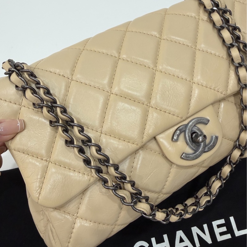 CHANEL 香奈兒 GO GO CF 油蠟牛皮 奶茶色 斜背包 肩背包 側背包 鍊條包 手提包-9