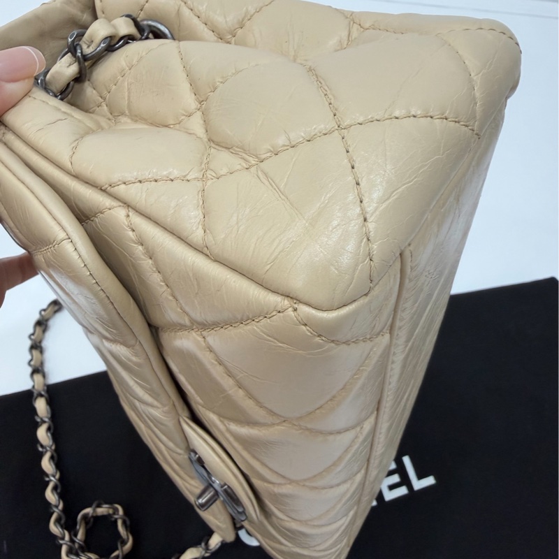 CHANEL 香奈兒 GO GO CF 油蠟牛皮 奶茶色 斜背包 肩背包 側背包 鍊條包 手提包-21