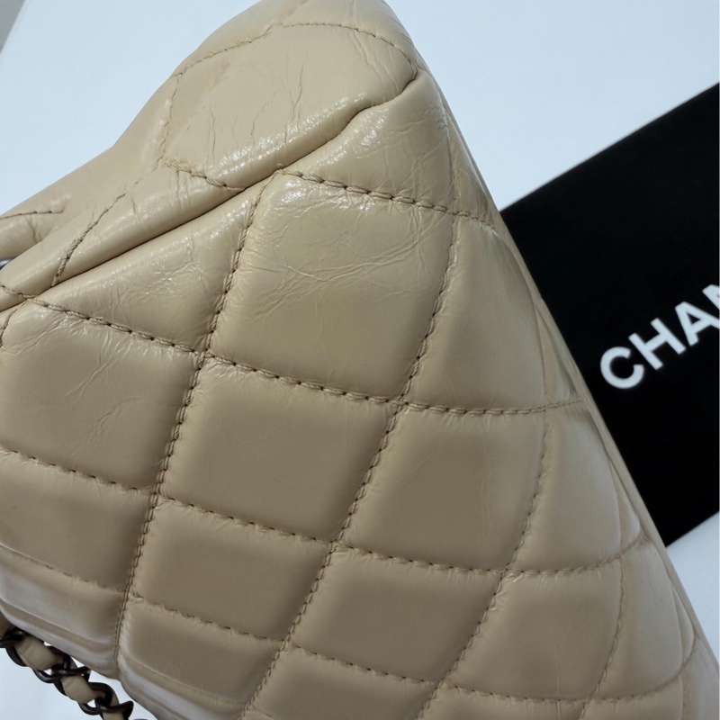 CHANEL 香奈兒 GO GO CF 油蠟牛皮 奶茶色 斜背包 肩背包 側背包 鍊條包 手提包-22