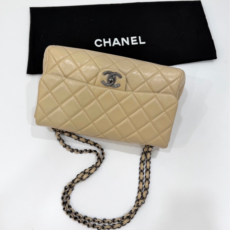 CHANEL 香奈兒 GO GO CF 油蠟牛皮 奶茶色 斜背包 肩背包 側背包 鍊條包 手提包-25