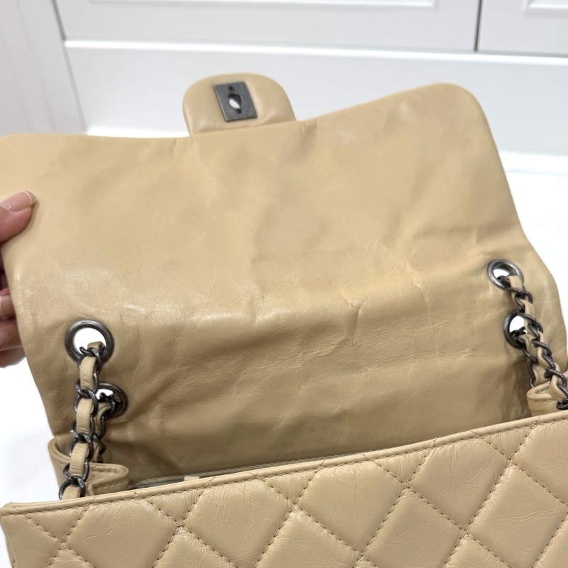 CHANEL 香奈兒 GO GO CF 油蠟牛皮 奶茶色 斜背包 肩背包 側背包 鍊條包 手提包-26